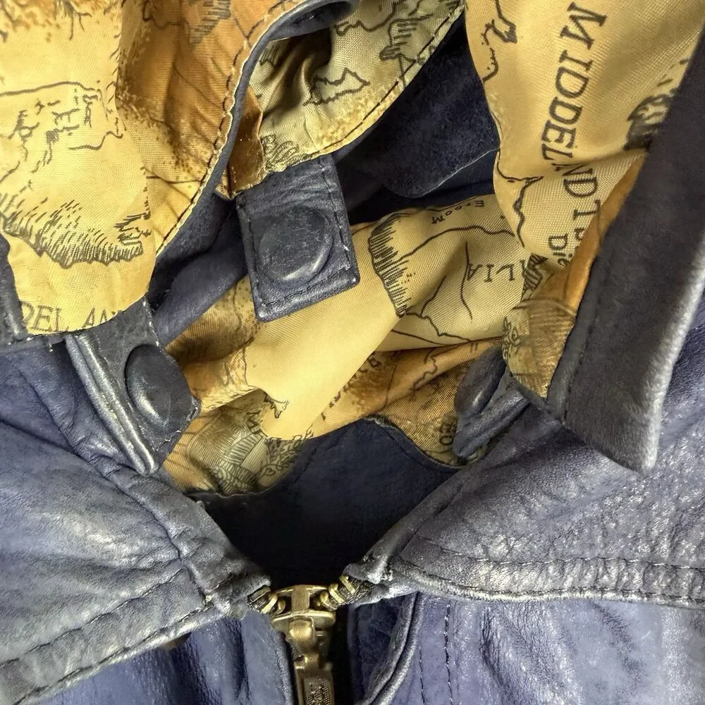 Vintage Creaciones 1000TON Blue Leather Hooded Jacket Coat Map Lined